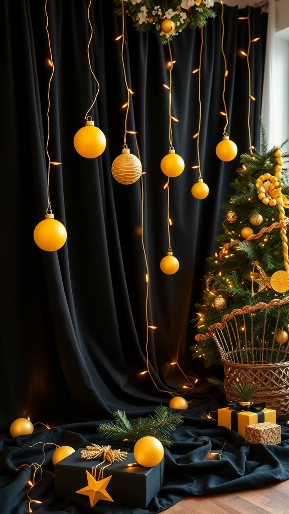 A black and yellow Christmas background with ornaments and lights, ideal for festive decorations.